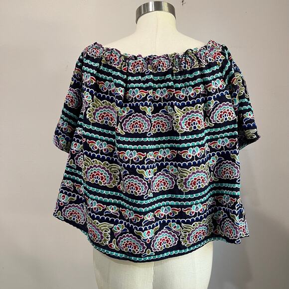 Aqua Off Shoulder Embroidered Boho Peasant Top Colorful Print Size M - Picture 3 of 5